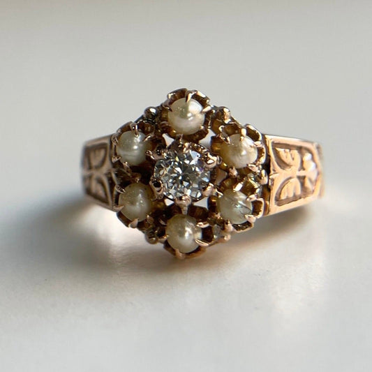 .22 ct Vintage Pearl & Old European Cut Diamond Floral Ring
