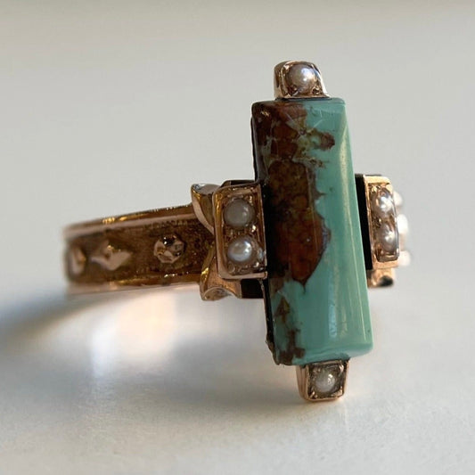 10k Vintage Turquoise & Seed Pearl Ring