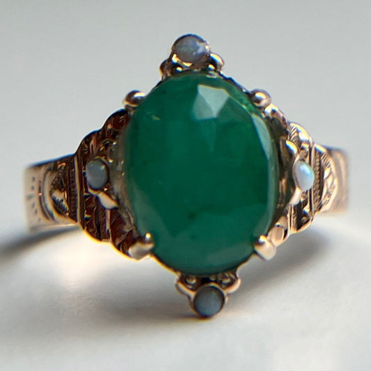 10k Vintage Emerald & Opal Cabochon Ring