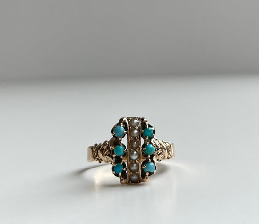 10k Victorian Cabochon Turquoise and Pearl Dinner Ring