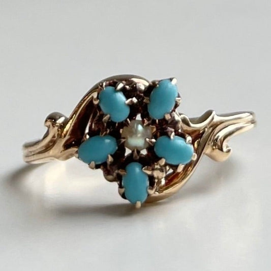 Antique Turquoise and Pearl Floral Ring