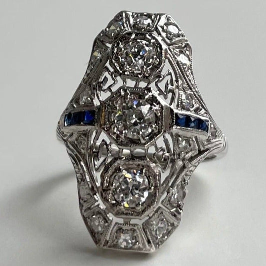Platinum Three Stone Diamond and Sapphire Baguette Ring