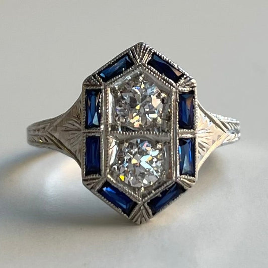 20k White Gold Art Deco Diamond and Sapphire Ring