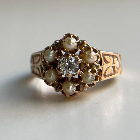 Vintage Pearl & Diamond Floral Ring