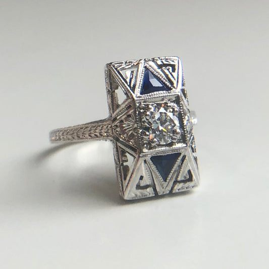 20k White Gold Art Deco Diamond & Sapphire Ring