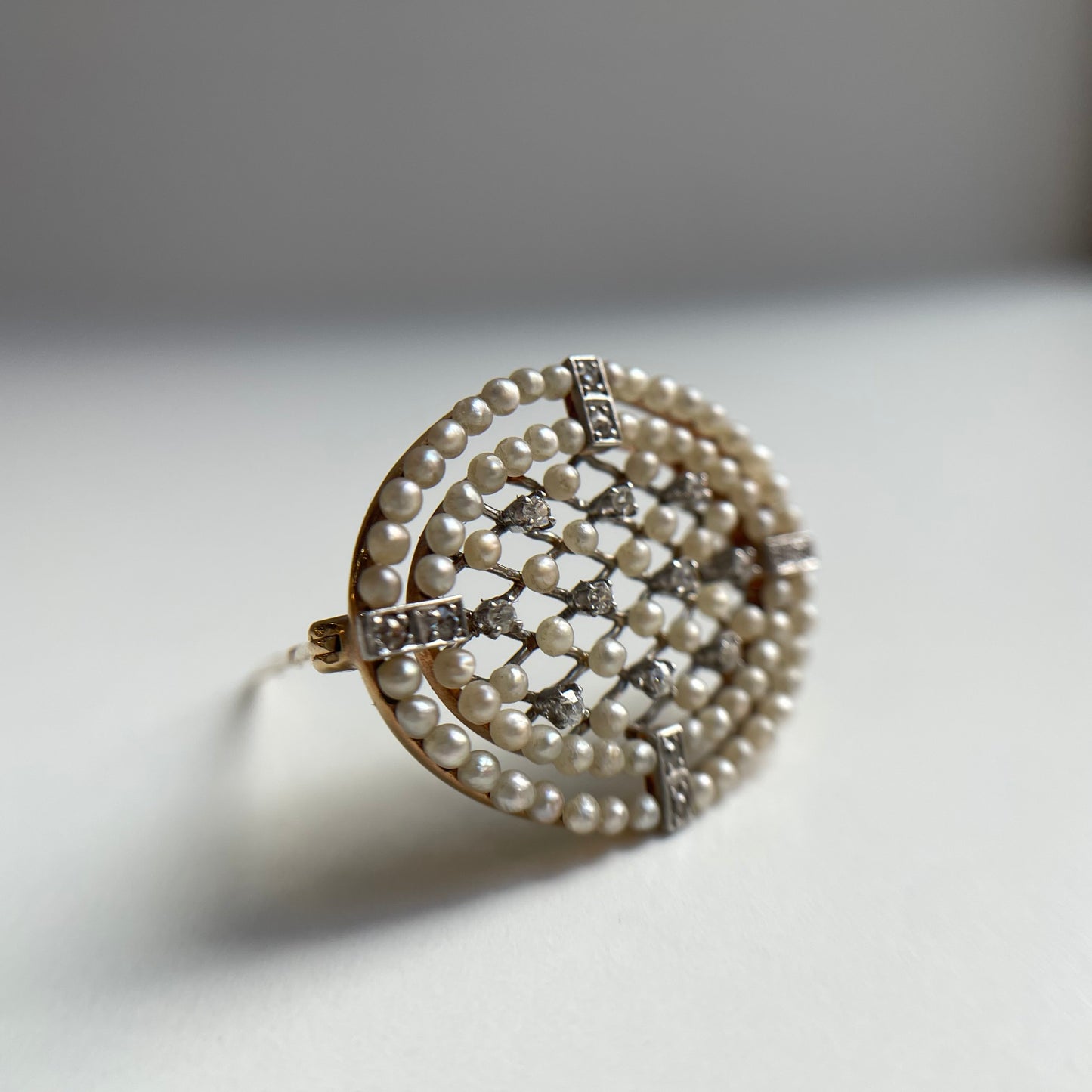 14k Edwardian Diamond and Pearl Pin